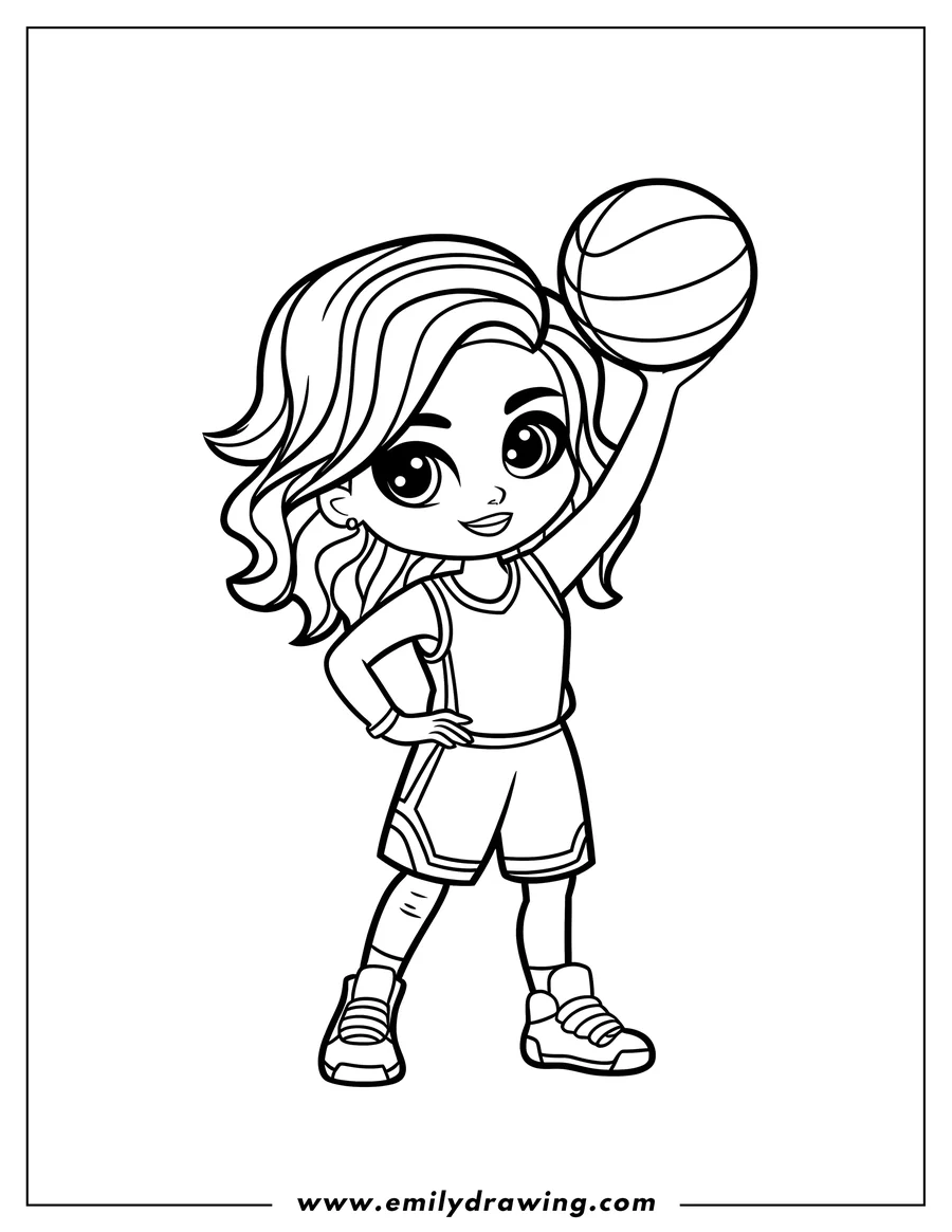 Line art of a girl in basketball uniform holding a basketball above her head.