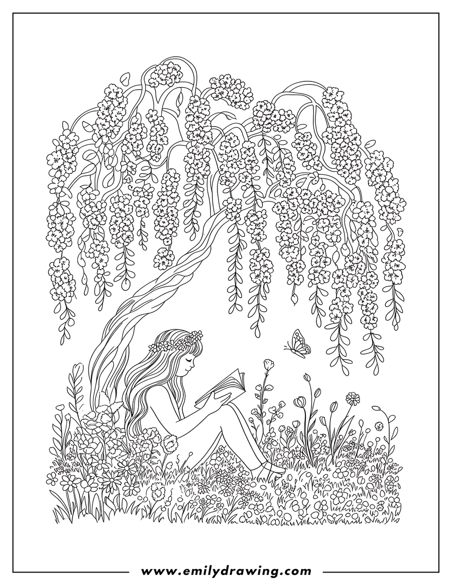 Outline of a girl with long hair and a flower crown, sitting beneath a flowering tree and reading a book in a field of wildflowers, with a butterfly nearby.