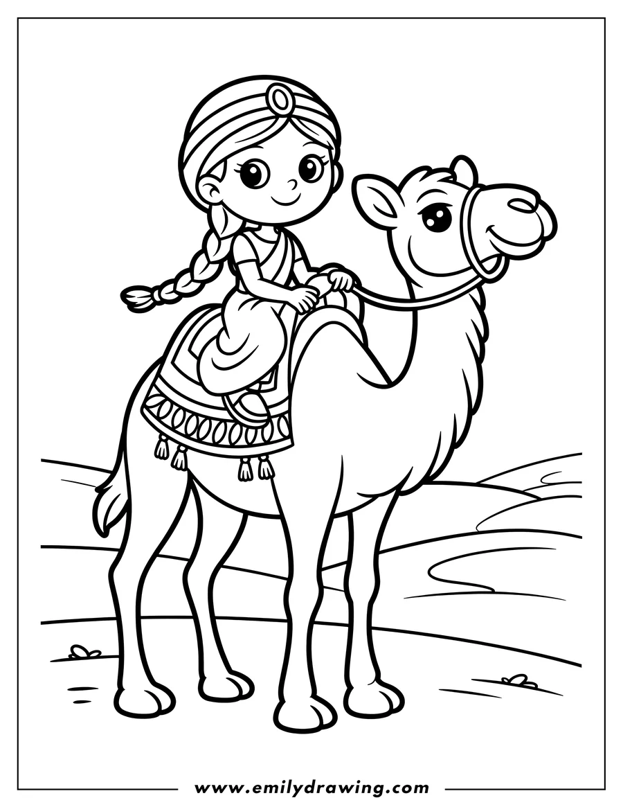 Line art of a girl riding a camel in the desert. The girl has a braided hairstyle and is sitting on a decorated saddle. The camel is wearing a bridle.