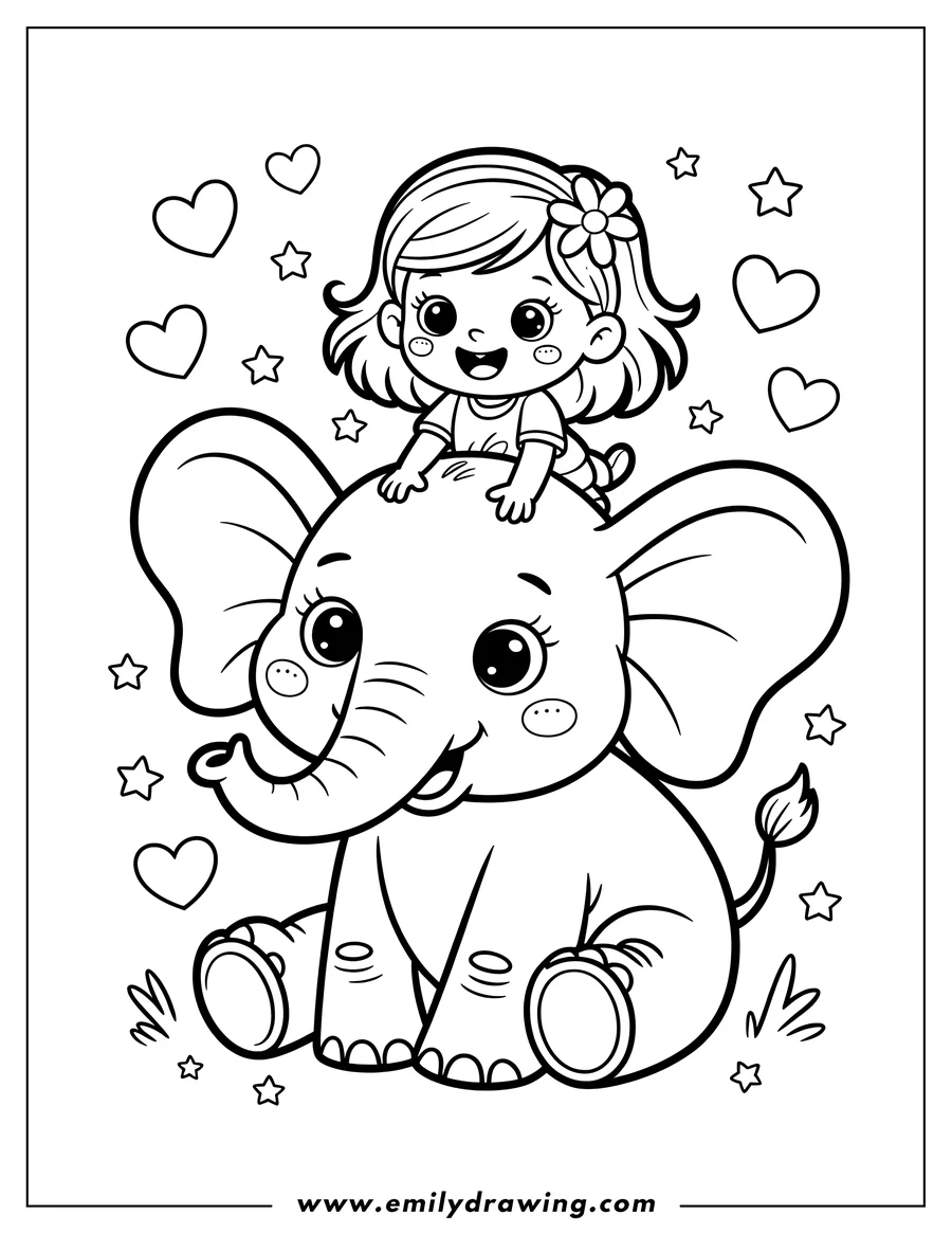 Outline of a young girl riding a friendly elephant, surrounded by hearts and stars.