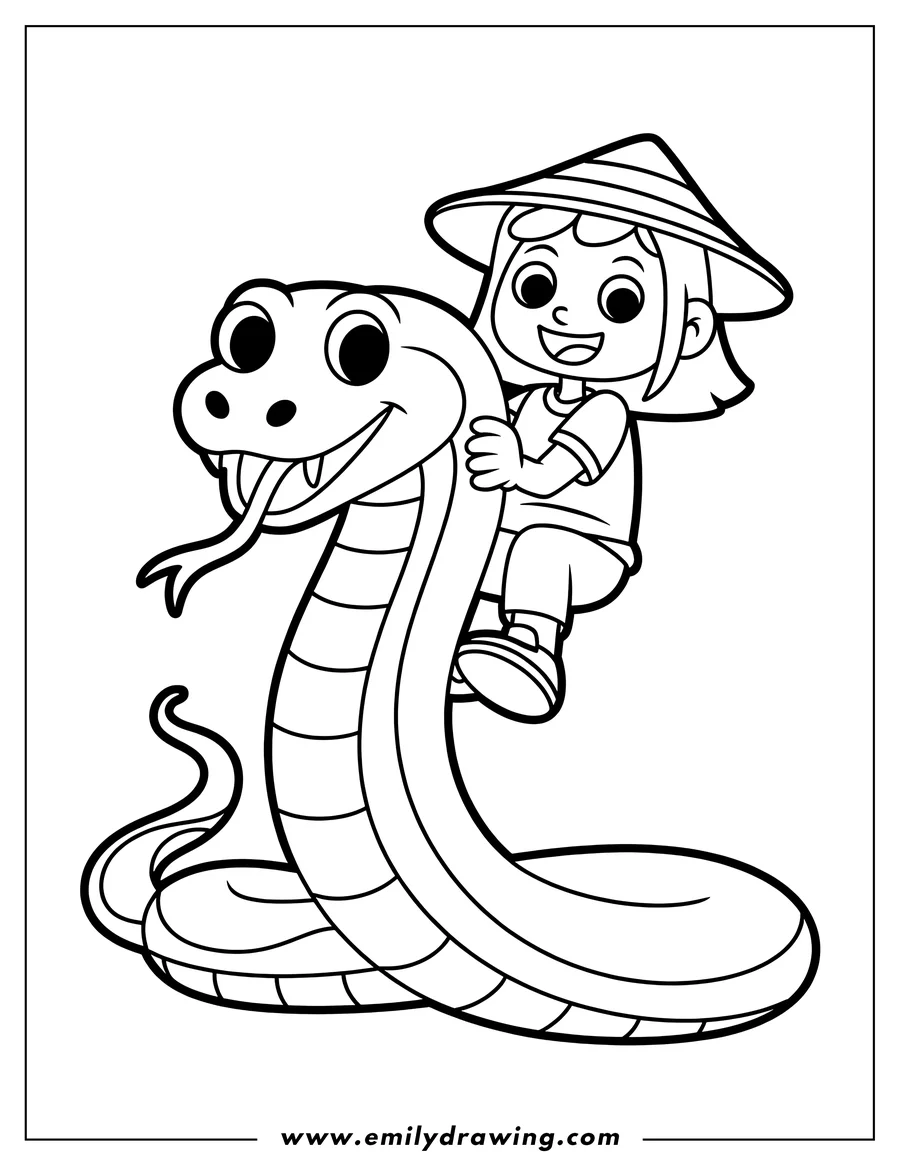 Line art of a girl riding a friendly snake. The girl is wearing a conical hat and smiling. The snake has a patterned back.