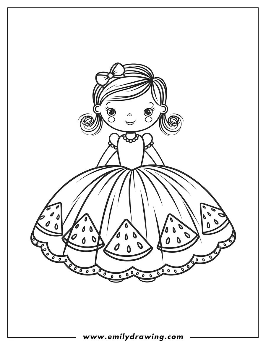 Outline of a girl wearing a dress decorated with watermelon slices.
