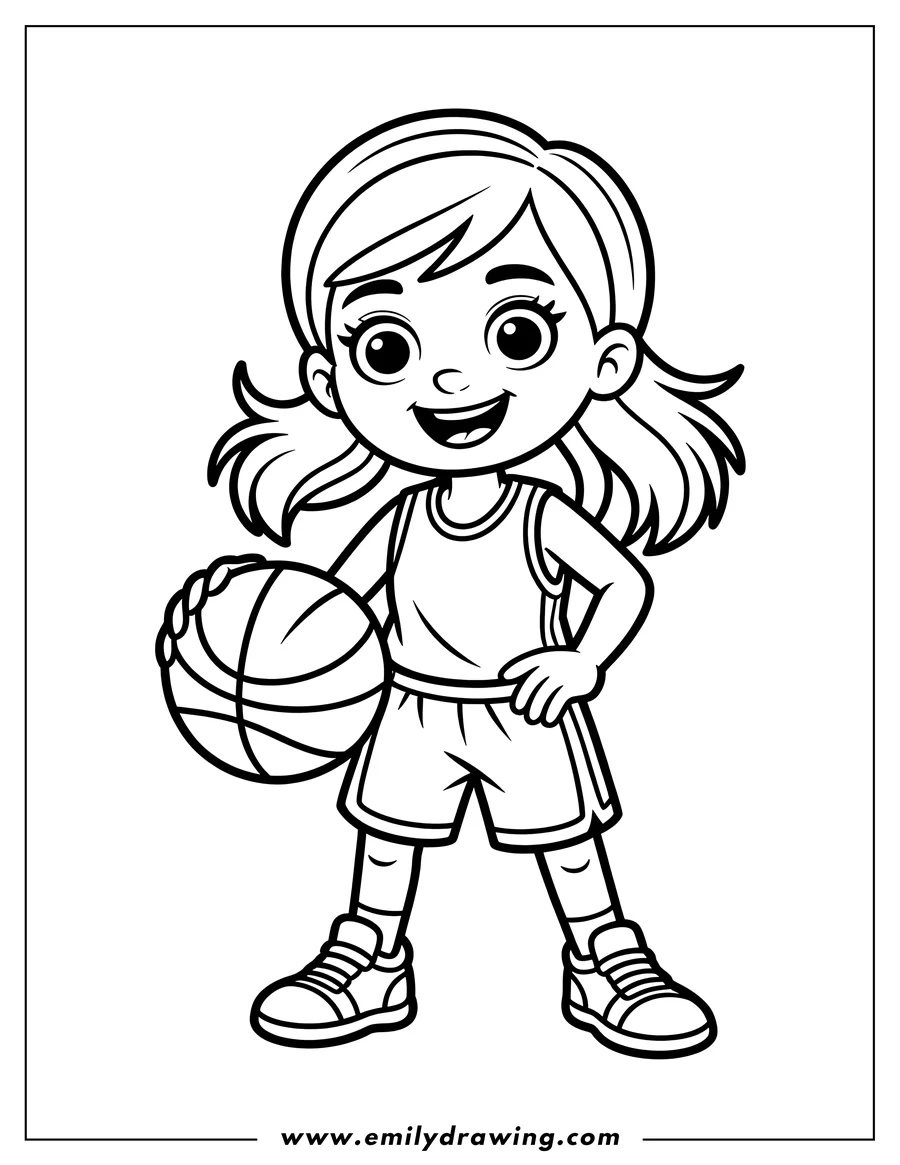 Line art of a girl wearing a basketball uniform and holding a basketball.