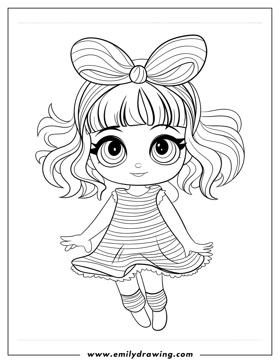 Line art of a girl with a large bow in her hair, wearing a striped dress and striped socks.