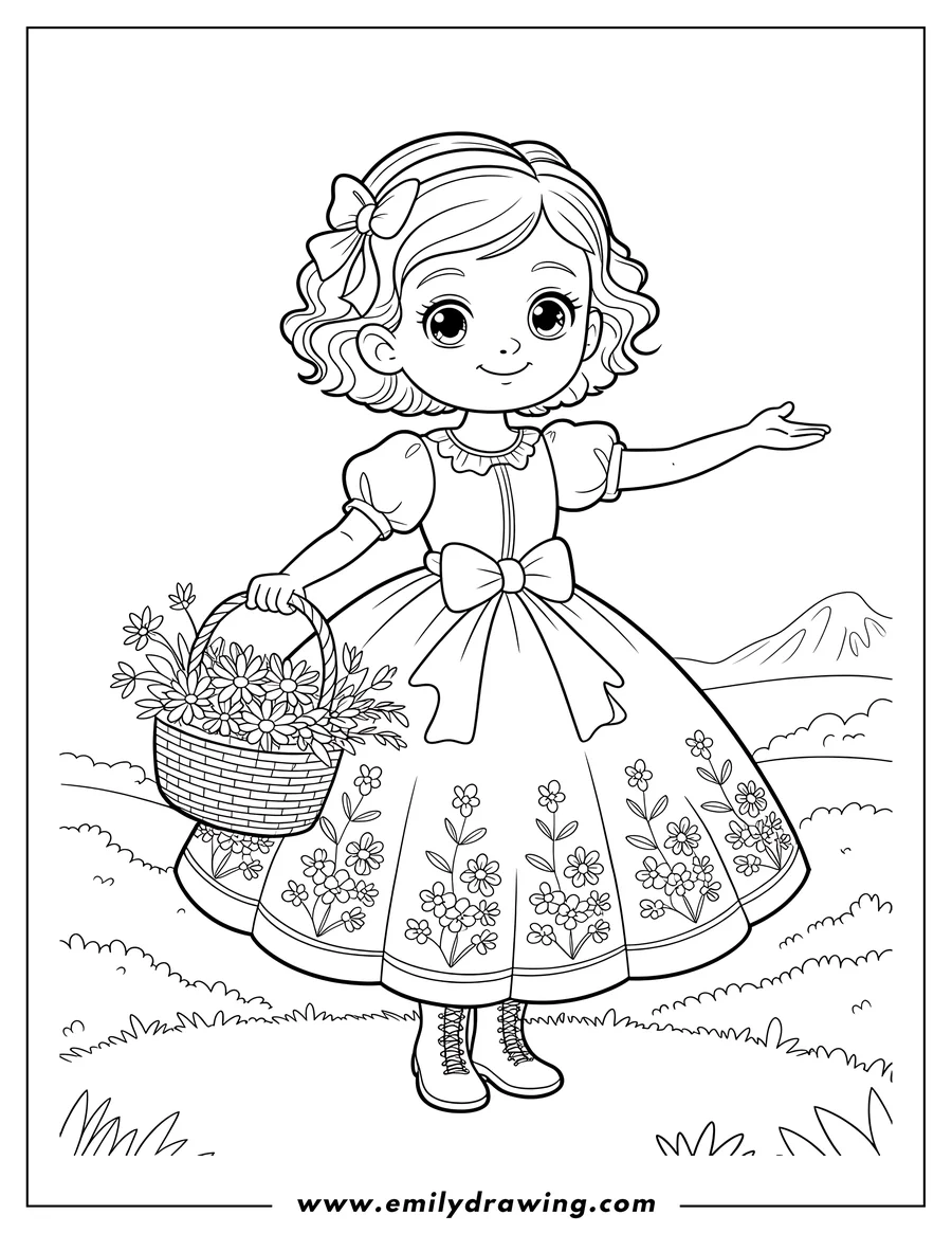 Outline of a girl holding a basket of flowers. She is wearing a dress decorated with flowers and boots. A grassy field and mountain are visible in the background.