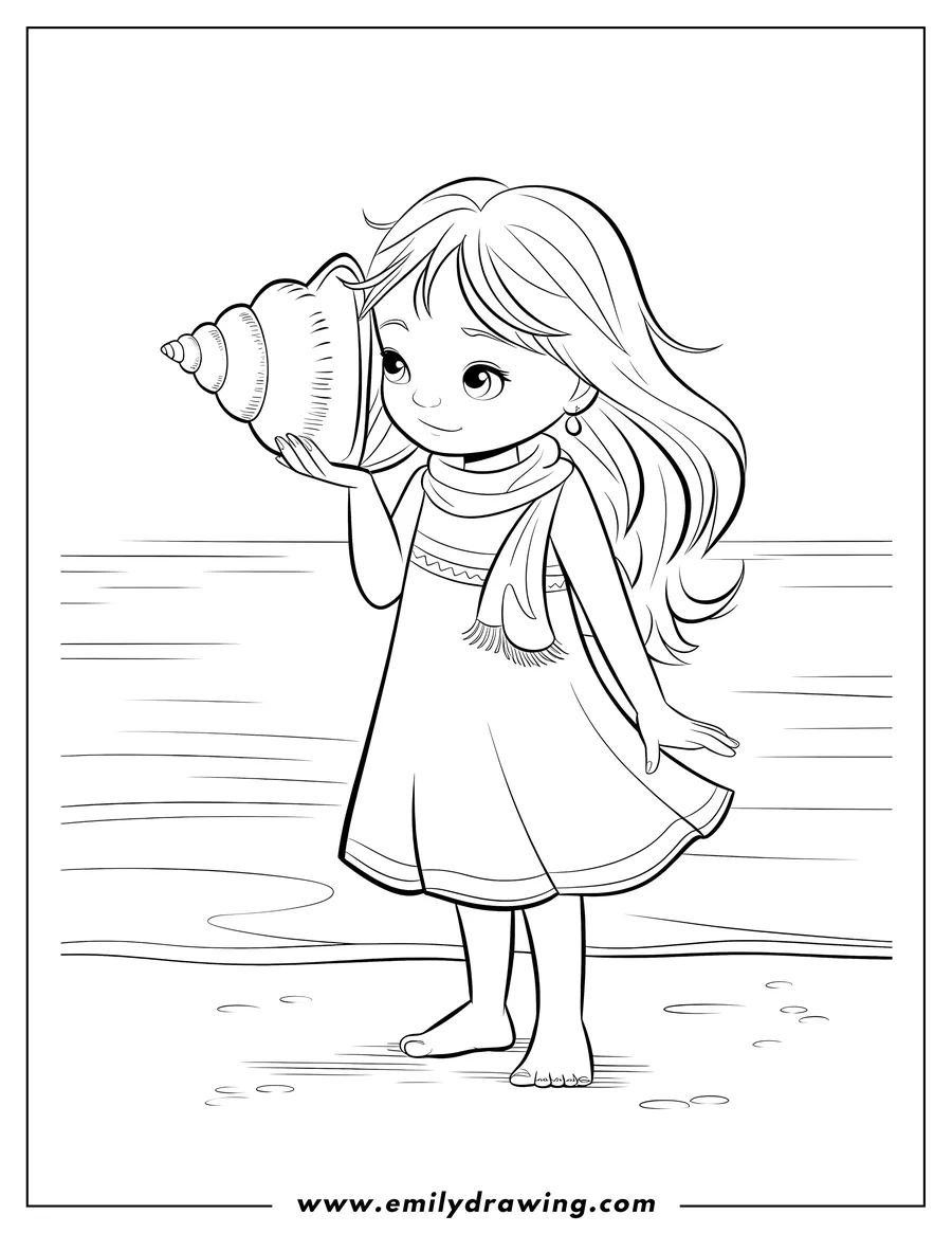 Line art of a girl holding a large seashell to her ear at the beach.