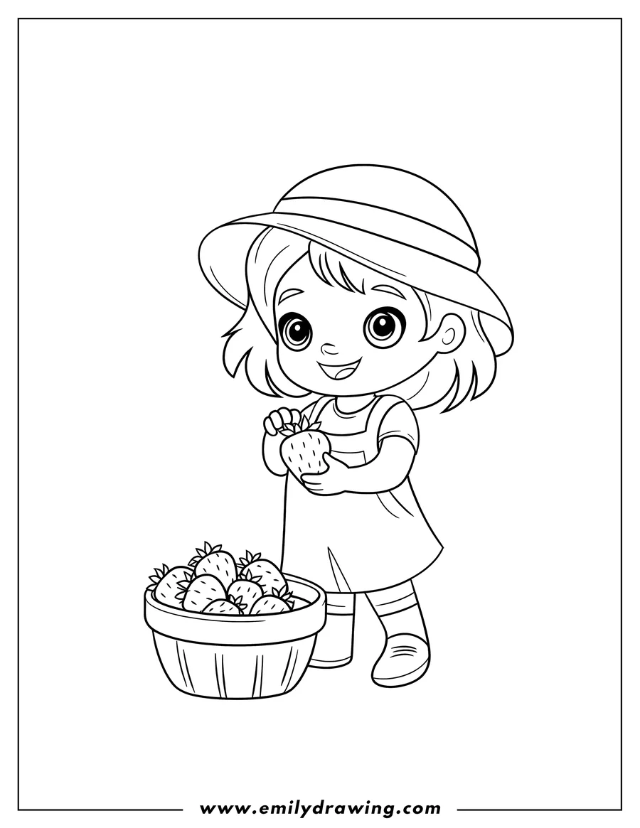 Line art of a young girl wearing a sun hat and holding a strawberry, with a basket of strawberries beside her.