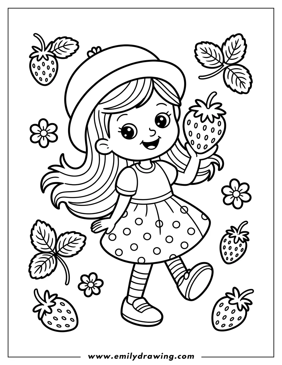 Line art of a girl holding a strawberry, surrounded by more strawberries and flowers.
