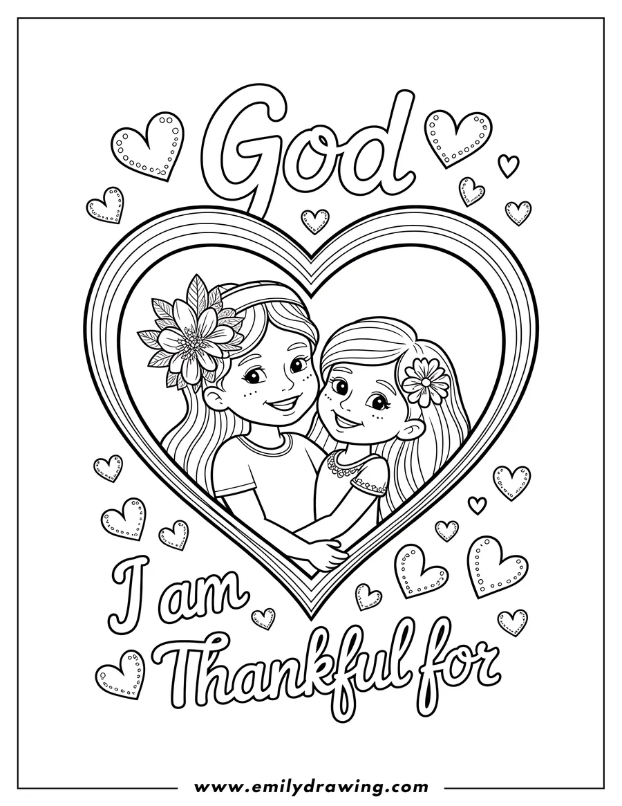 Line art of two girls hugging inside a large heart shape, with the words