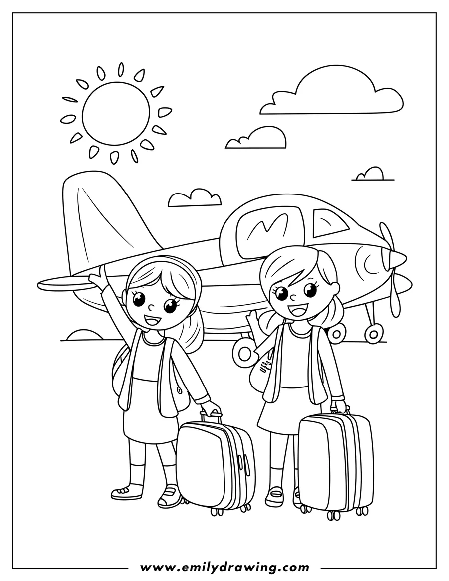 Two girls with suitcases stand next to a small plane. One girl is waving. They appear ready for a trip.
