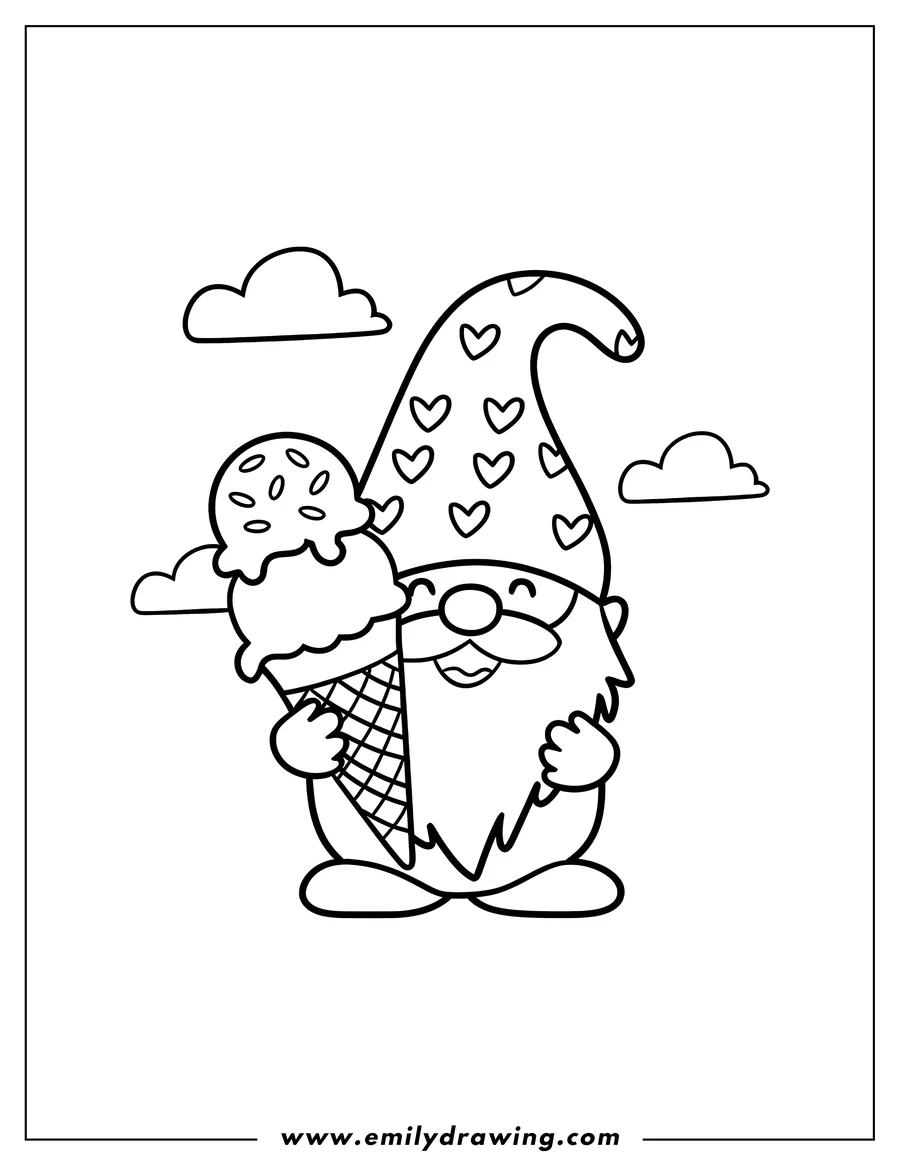 Outline of a cheerful gnome holding a large ice cream cone.