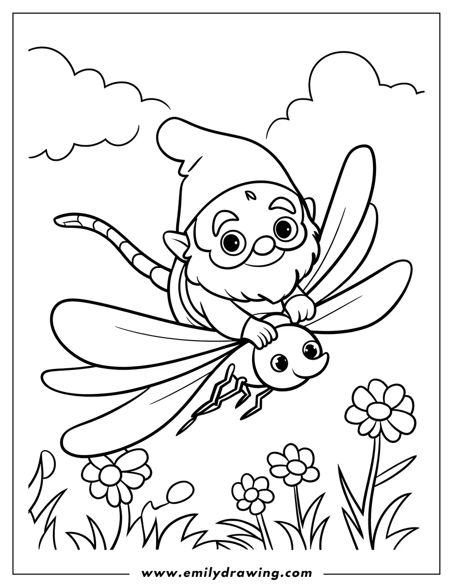 Line art of a cheerful gnome riding a dragonfly over a field of flowers.