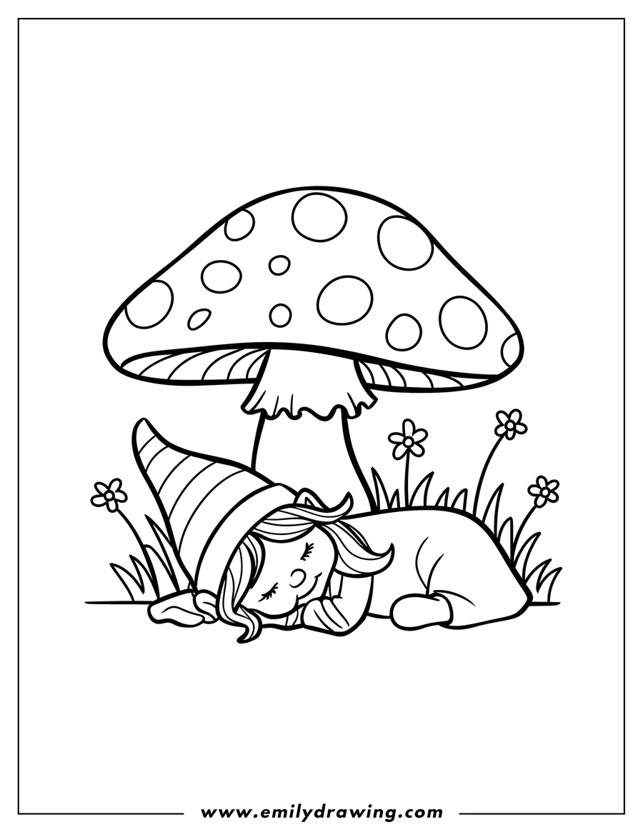 Outline of a gnome sleeping peacefully under a spotted mushroom, surrounded by small flowers and grass.