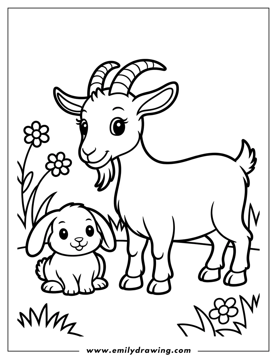 Outline of a goat and bunny standing together in a field of flowers.