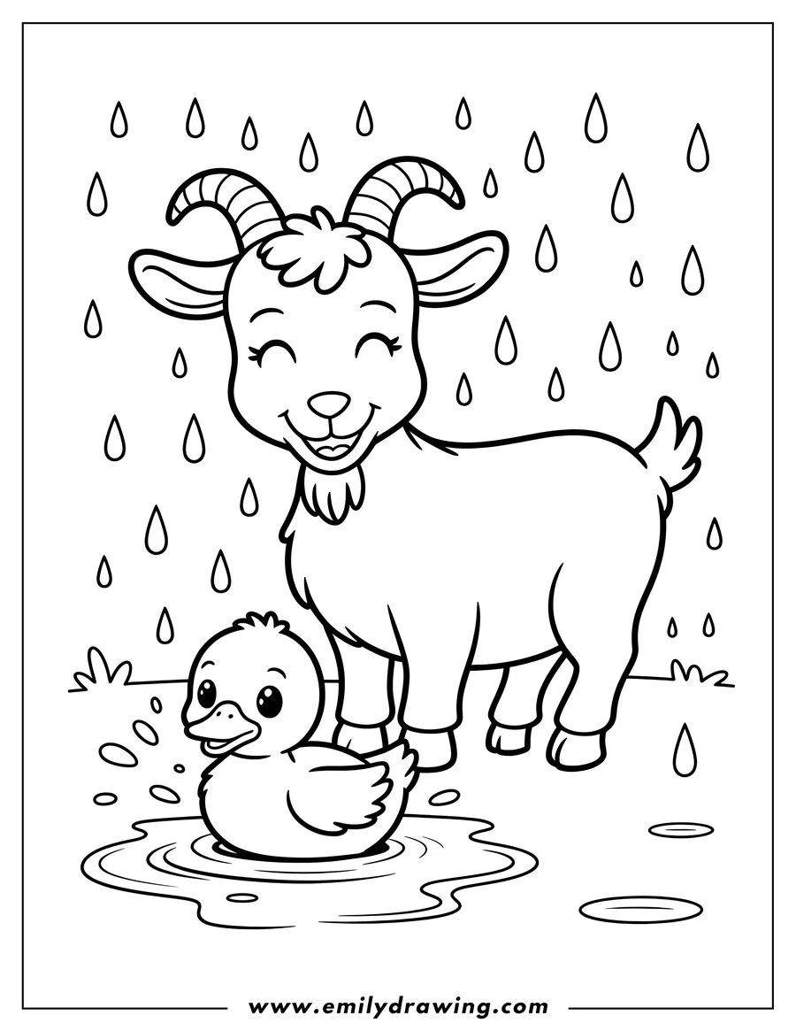 Outline of a goat and duckling in the rain. The duckling is swimming in a puddle. Rain is falling around them.