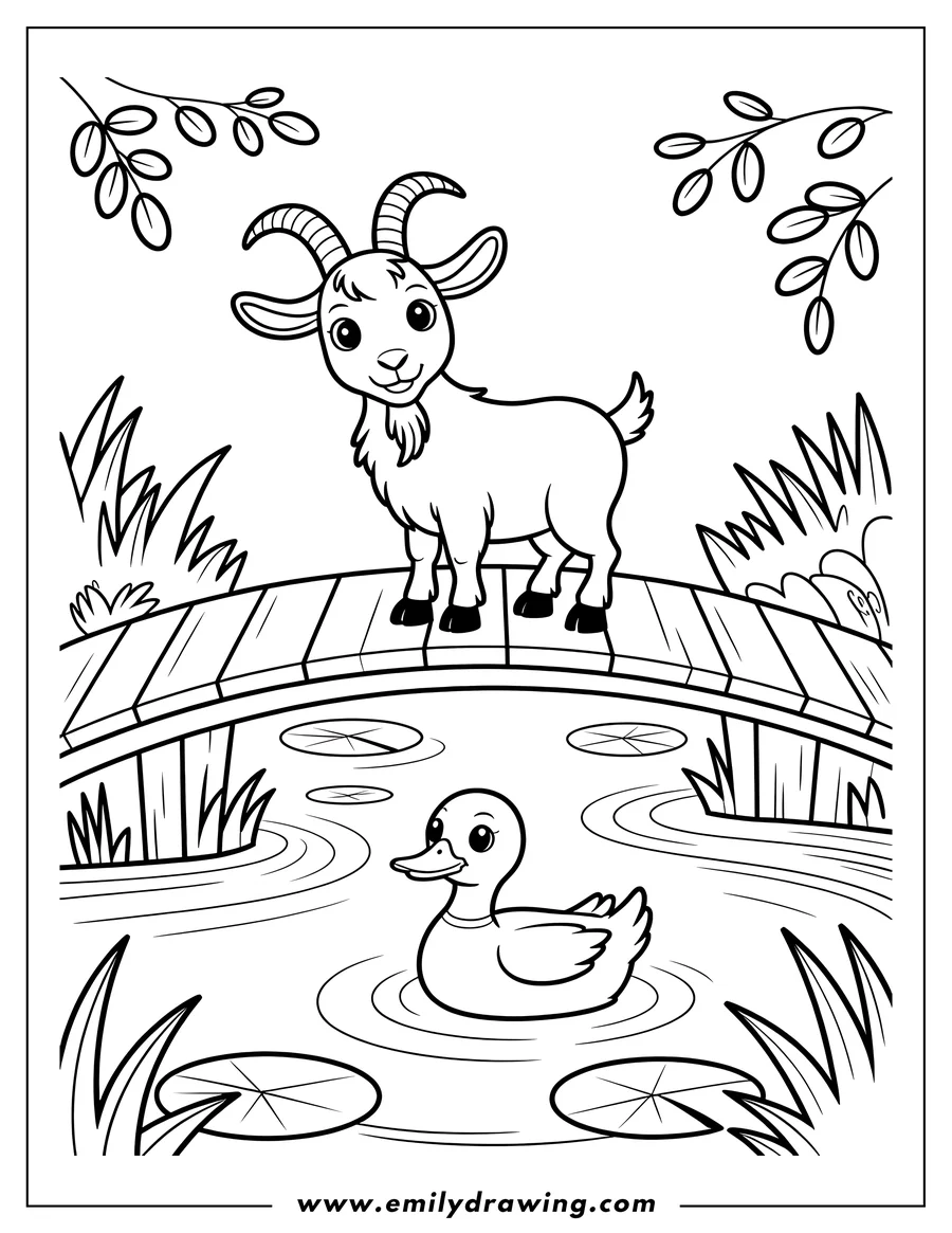 Outline of a goat standing on a wooden bridge over a pond with a duck swimming below and lily pads floating on the water.