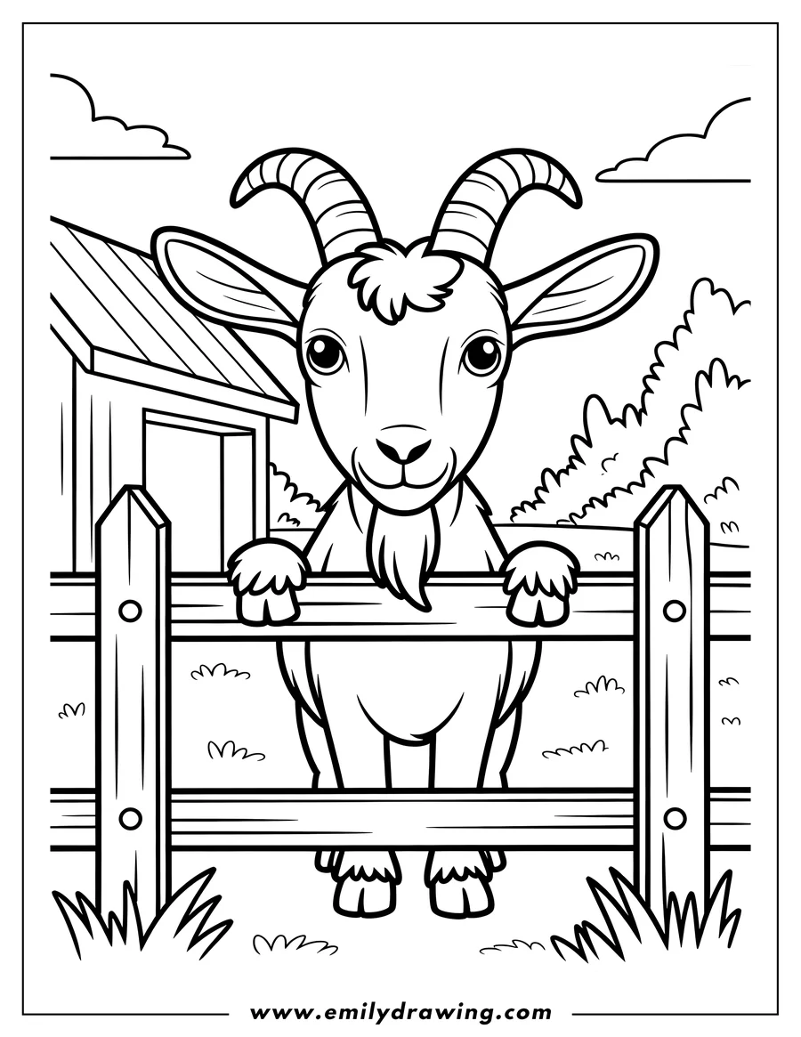 Outline of a goat looking over a wooden fence on a farm.