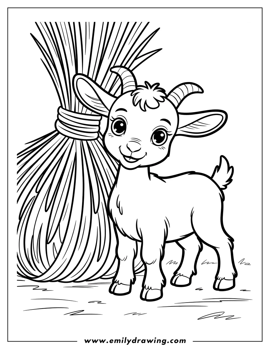 Outline of a young goat standing near a tied bale of hay.