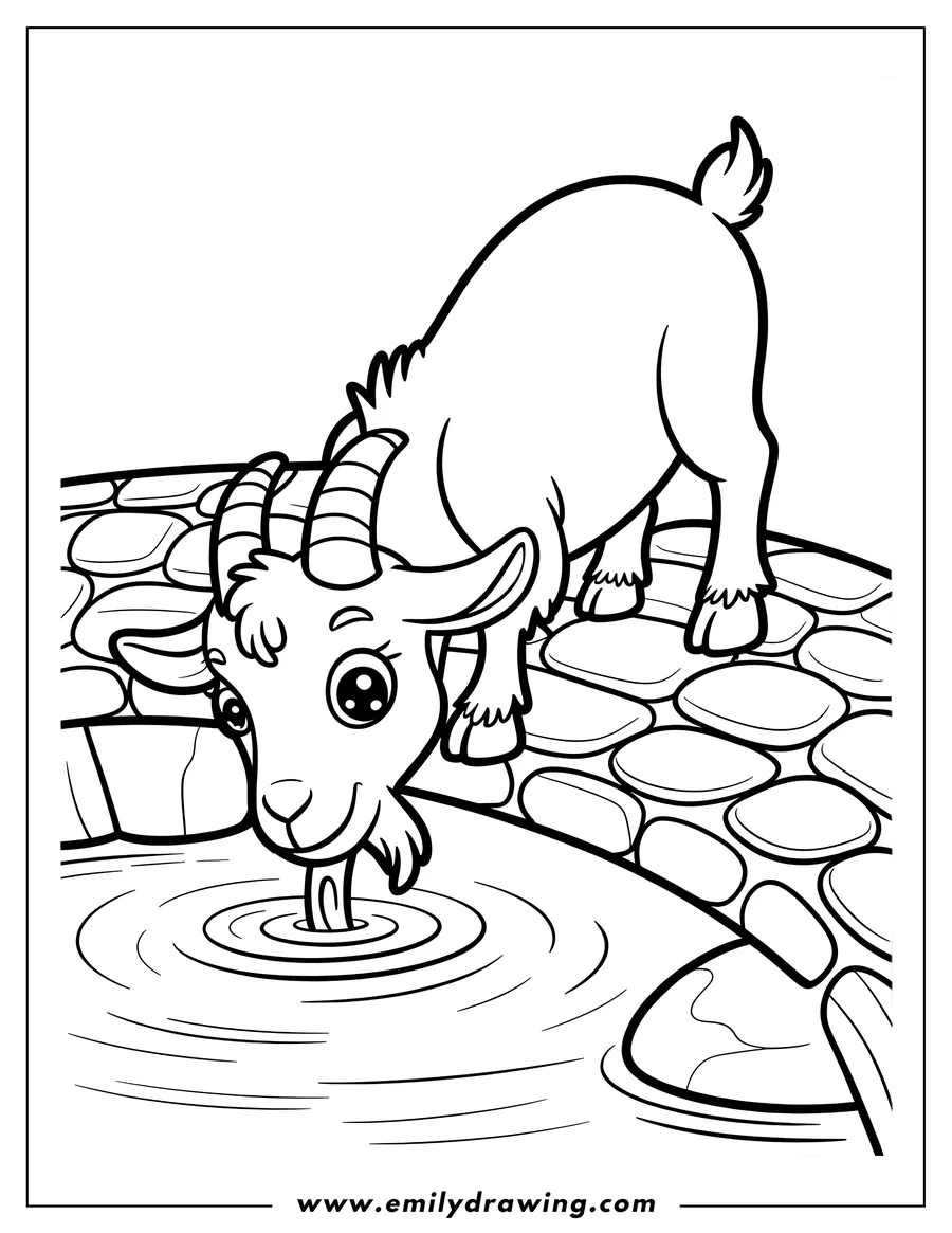 Outline of a goat drinking water from a stone watering hole.