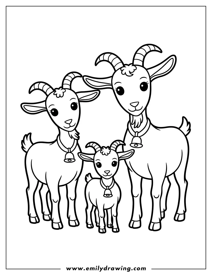 Line art of a family of goats, including a mother, father, and baby goat, all wearing bells around their necks.