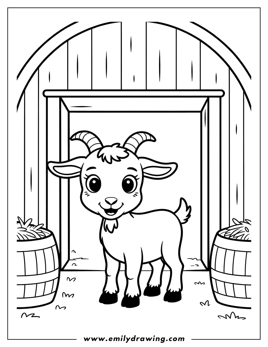 Outline of a goat standing in the entrance of a barn with barrels of hay on either side.