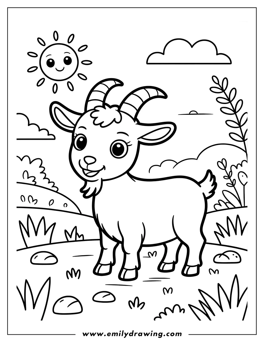 Outline of a goat standing in a field with grass, rocks, and a smiling sun.