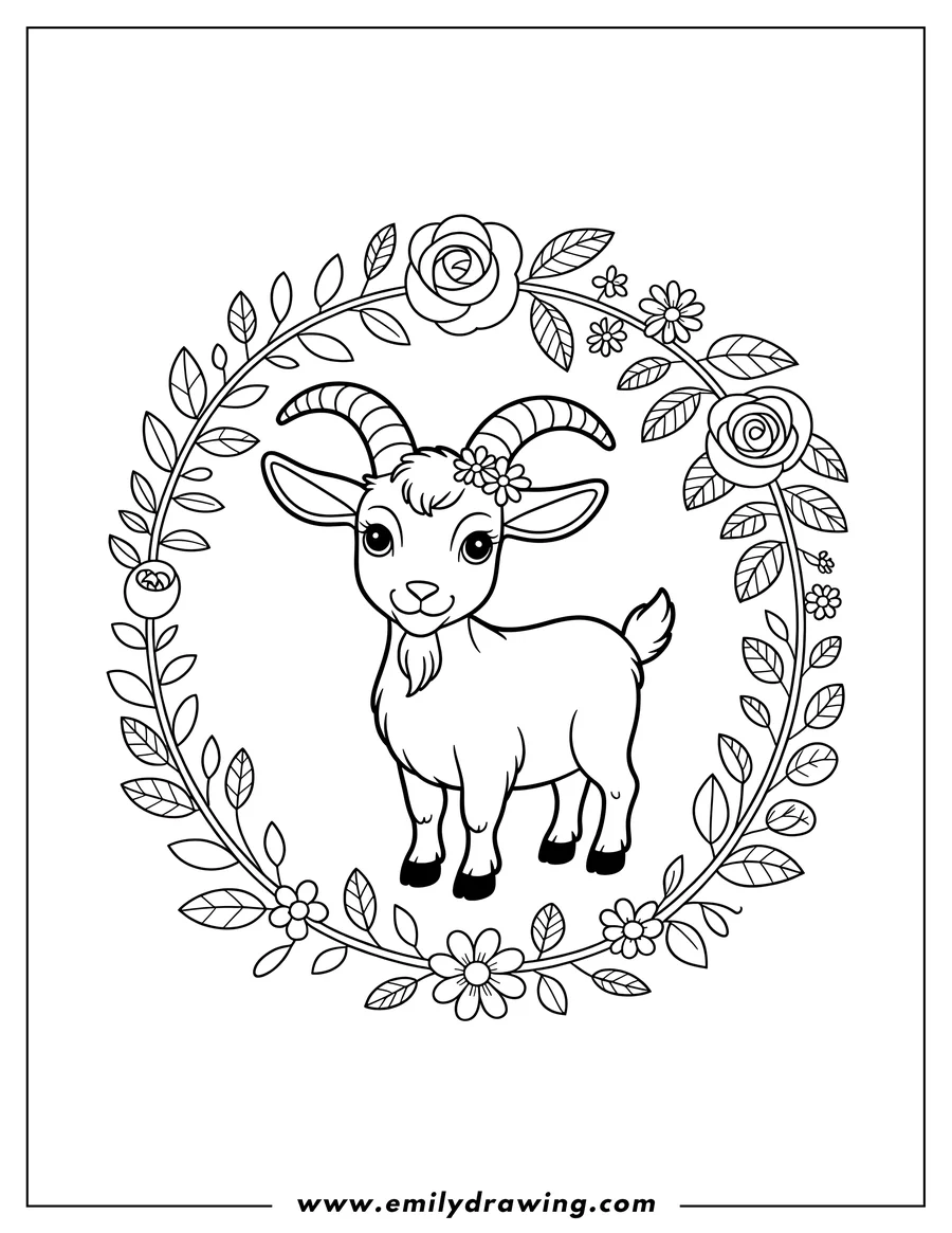 Line art of a goat standing inside a circular wreath decorated with flowers and leaves. The goat has a small flower tucked behind its ear.