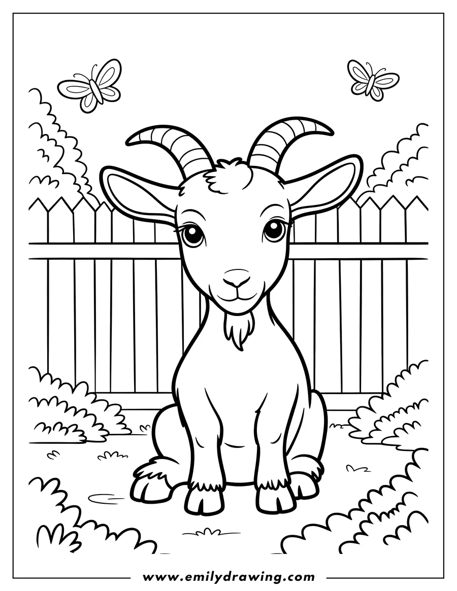 Outline of a goat sitting in a garden with a fence and butterflies.