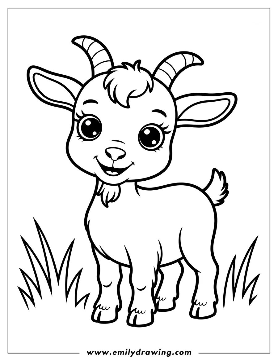 Outline of a young goat standing in grass. It has small horns and is smiling.