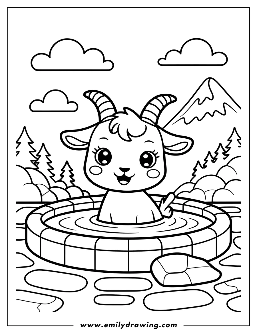 Outline of a goat relaxing in a hot spring, surrounded by rocks, with a mountain and trees in the background.