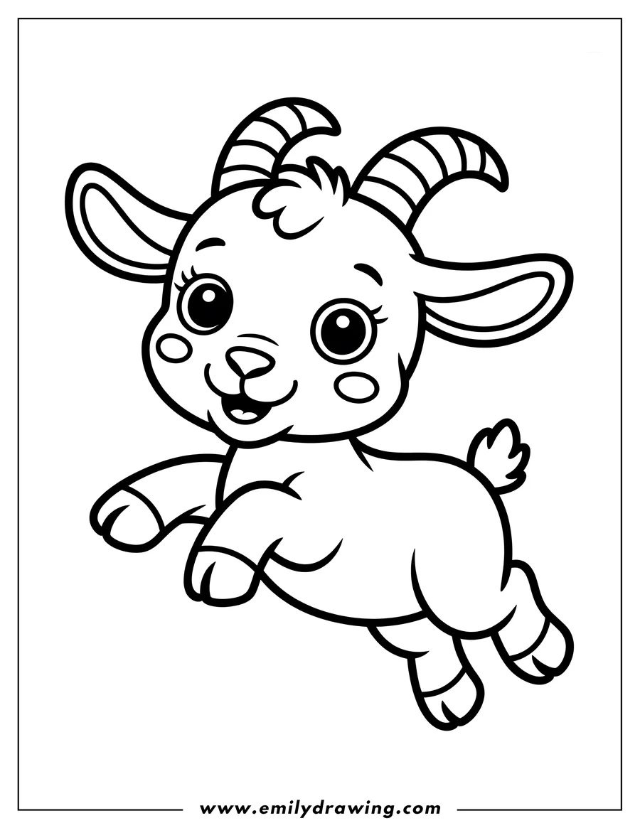 Line art of a playful baby goat jumping in the air.
