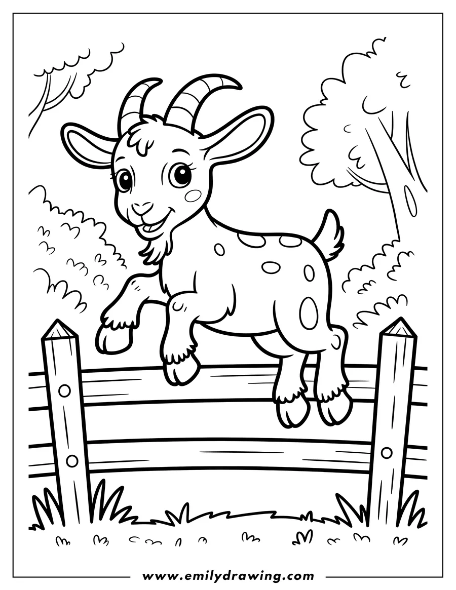 Line art of a playful baby goat jumping over a wooden fence in a grassy field.