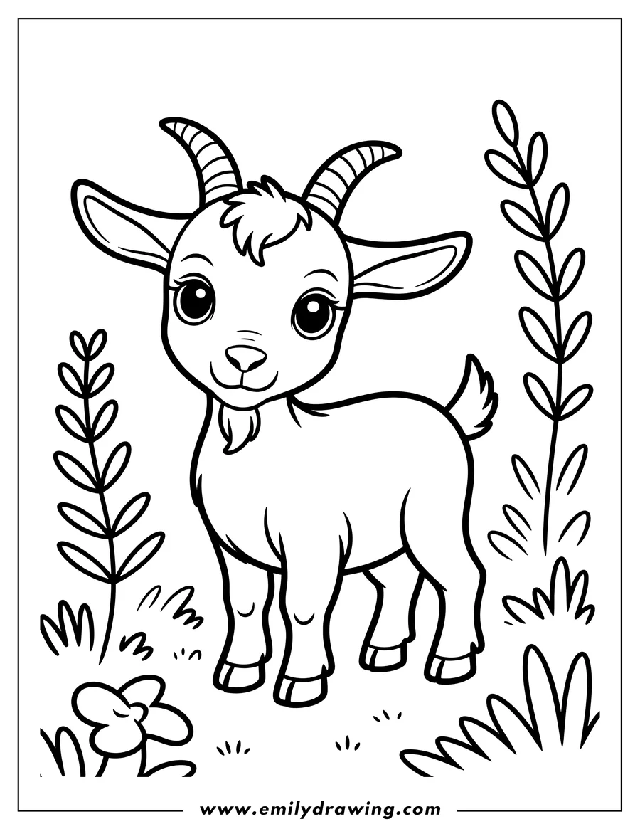 Outline of a goat standing in a meadow with flowers and tall grass.