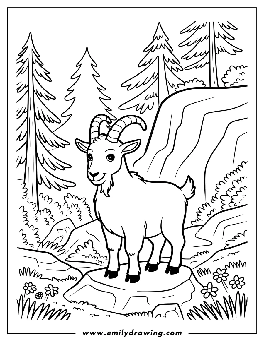 Outline of a goat standing on a rock in a mountain forest setting. There are evergreen trees, bushes, flowers, and a rocky slope in the background.