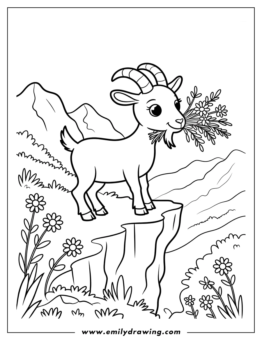Outline of a goat standing on a cliff, holding a bunch of flowers, with mountains and more flowers in the background.