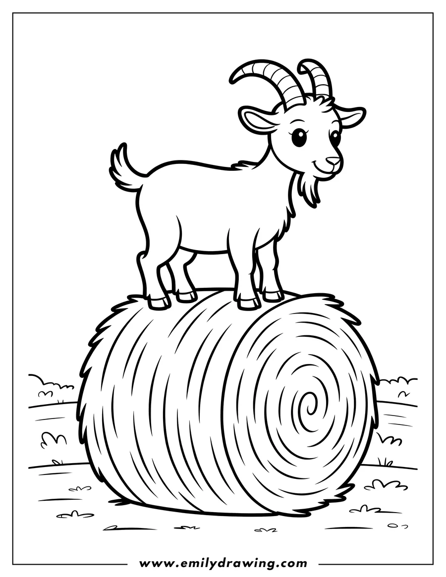 Outline of a goat standing on a round hay bale in a field.