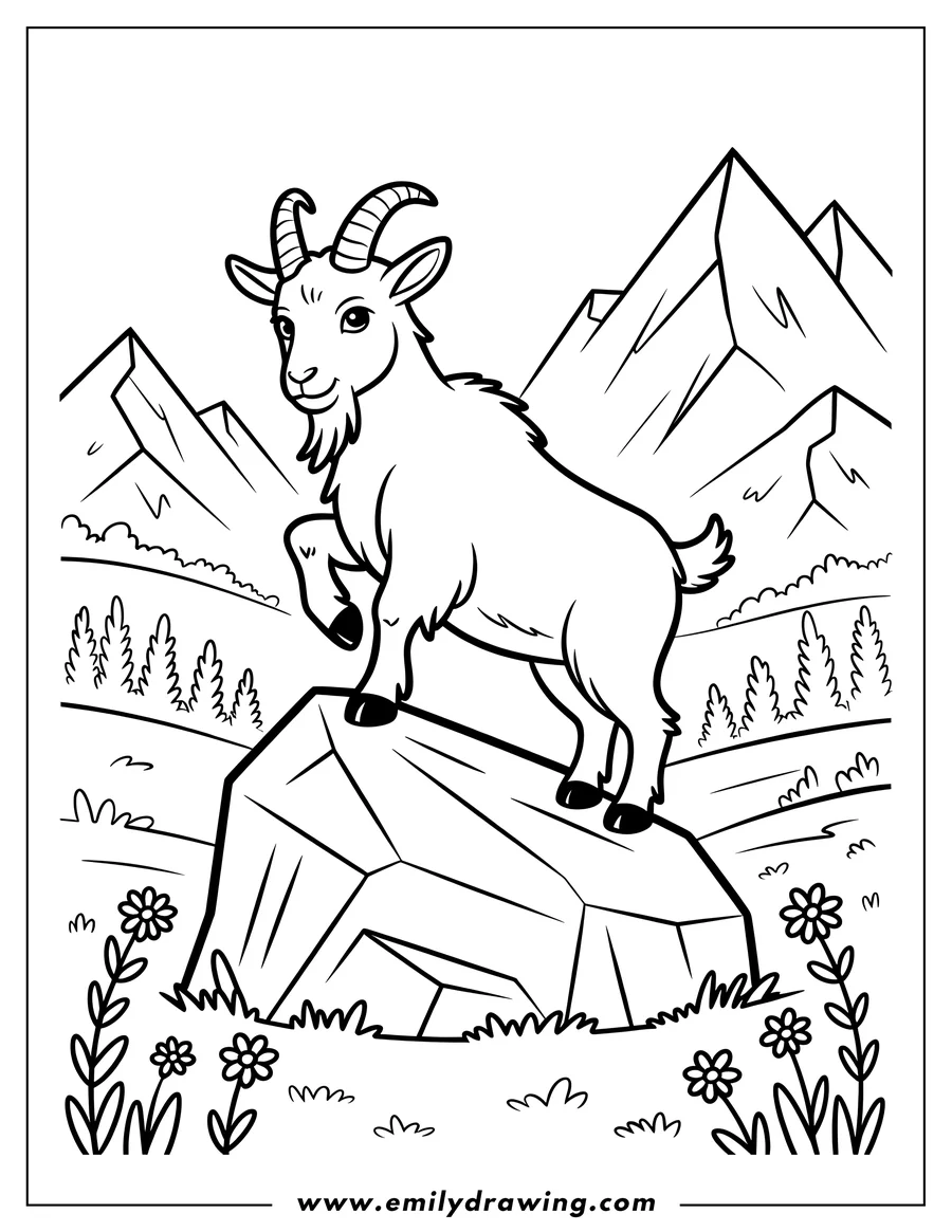Outline of a goat standing on a rock with a mountain backdrop.