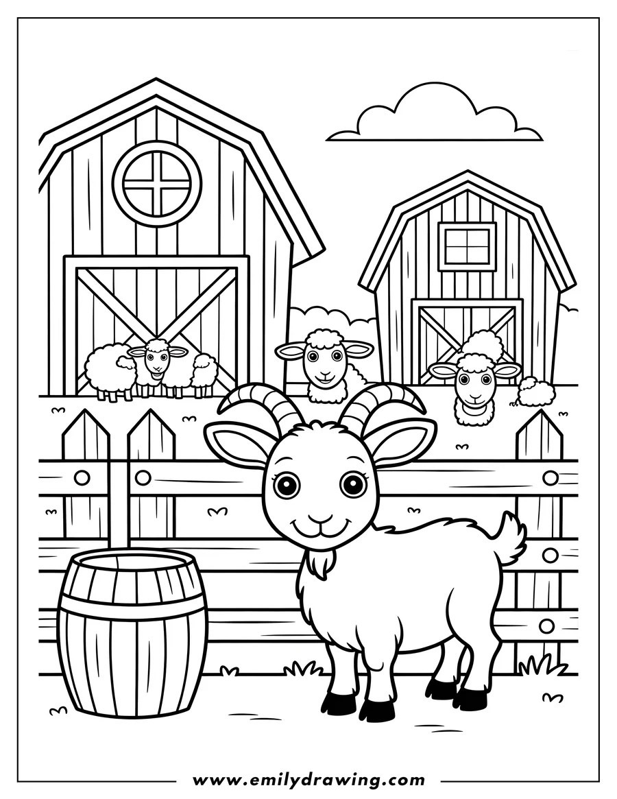 Outline of a goat standing near a fence on a farm, with sheep visible in the background by barns.