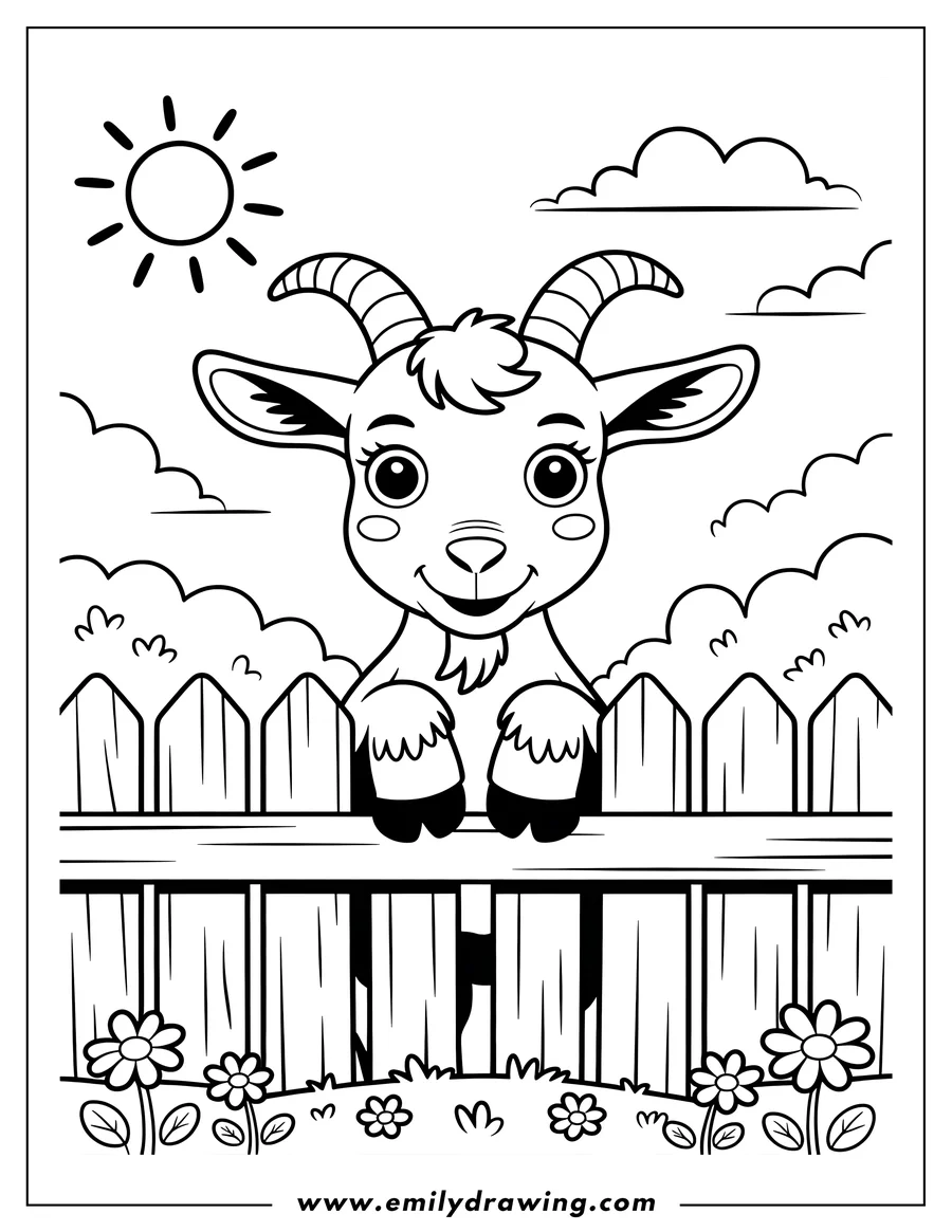 Outline of a curious goat peeking over a wooden fence in a field of flowers.