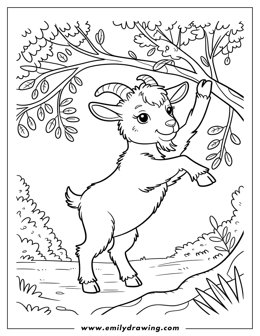 Outline of a playful goat reaching up to grab a tree branch in a wooded area.