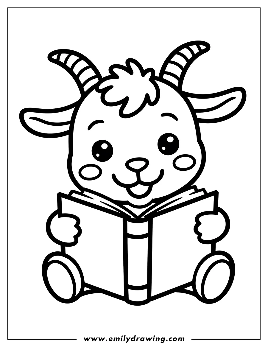 Outline of a cheerful goat sitting and reading an open book.