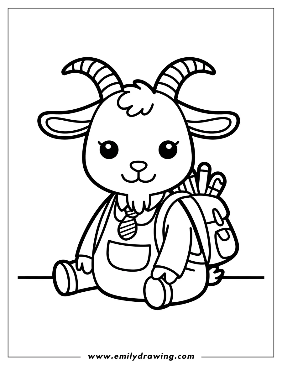 Line art of a goat sitting with a backpack, ready for coloring.
