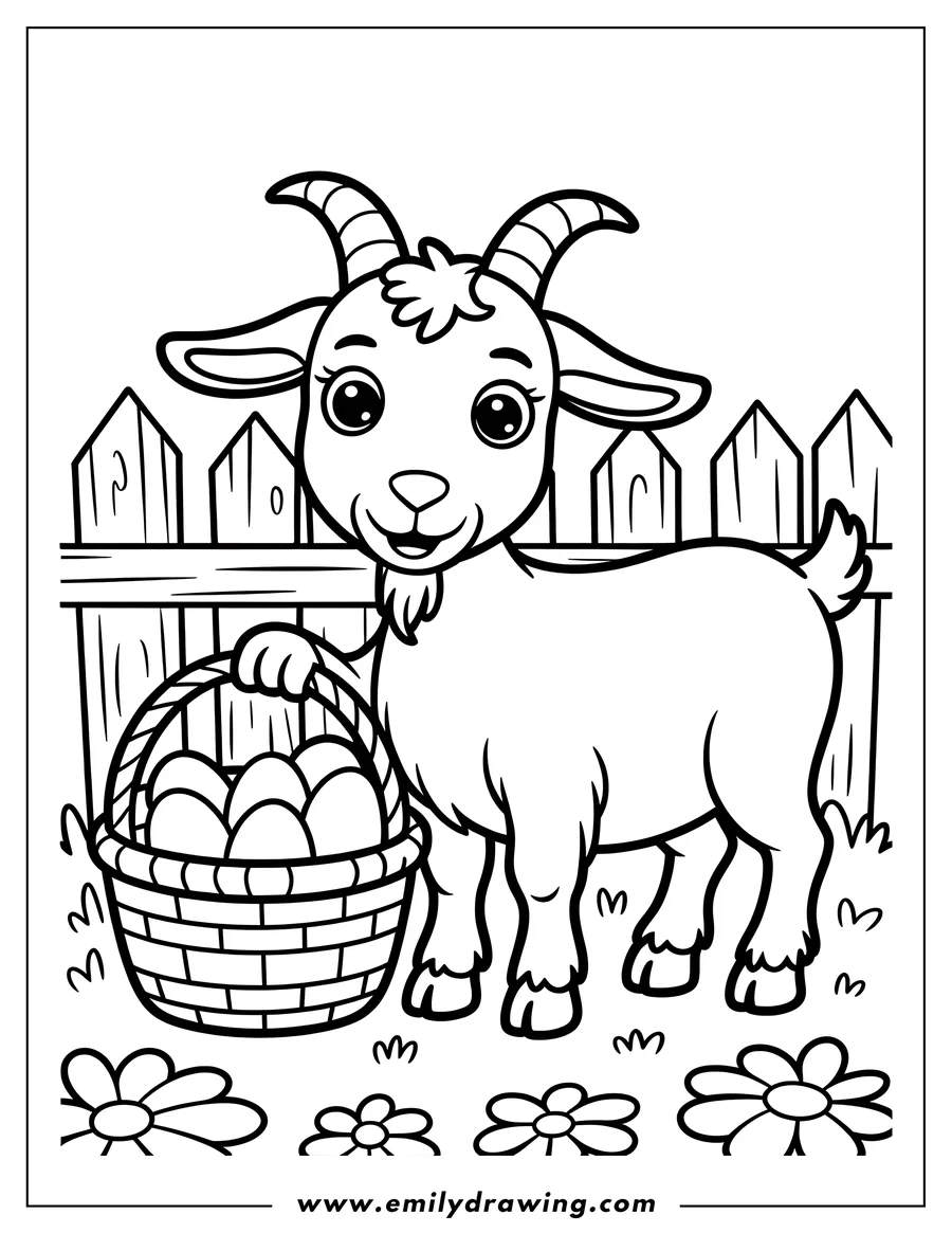 Outline of a goat holding a basket filled with eggs near a wooden fence. Flowers and grass are visible around the goat's feet.