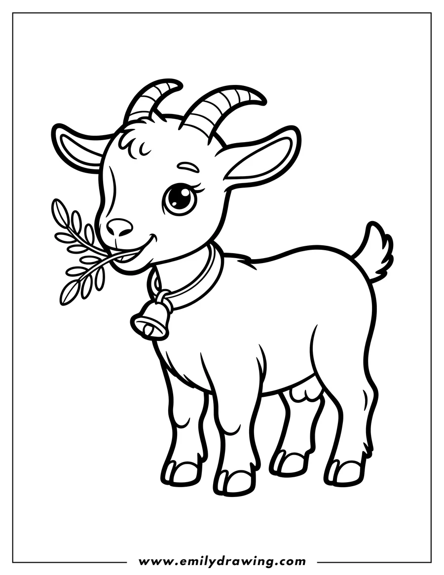 Outline of a goat with a bell around its neck, nibbling on a leaf.
