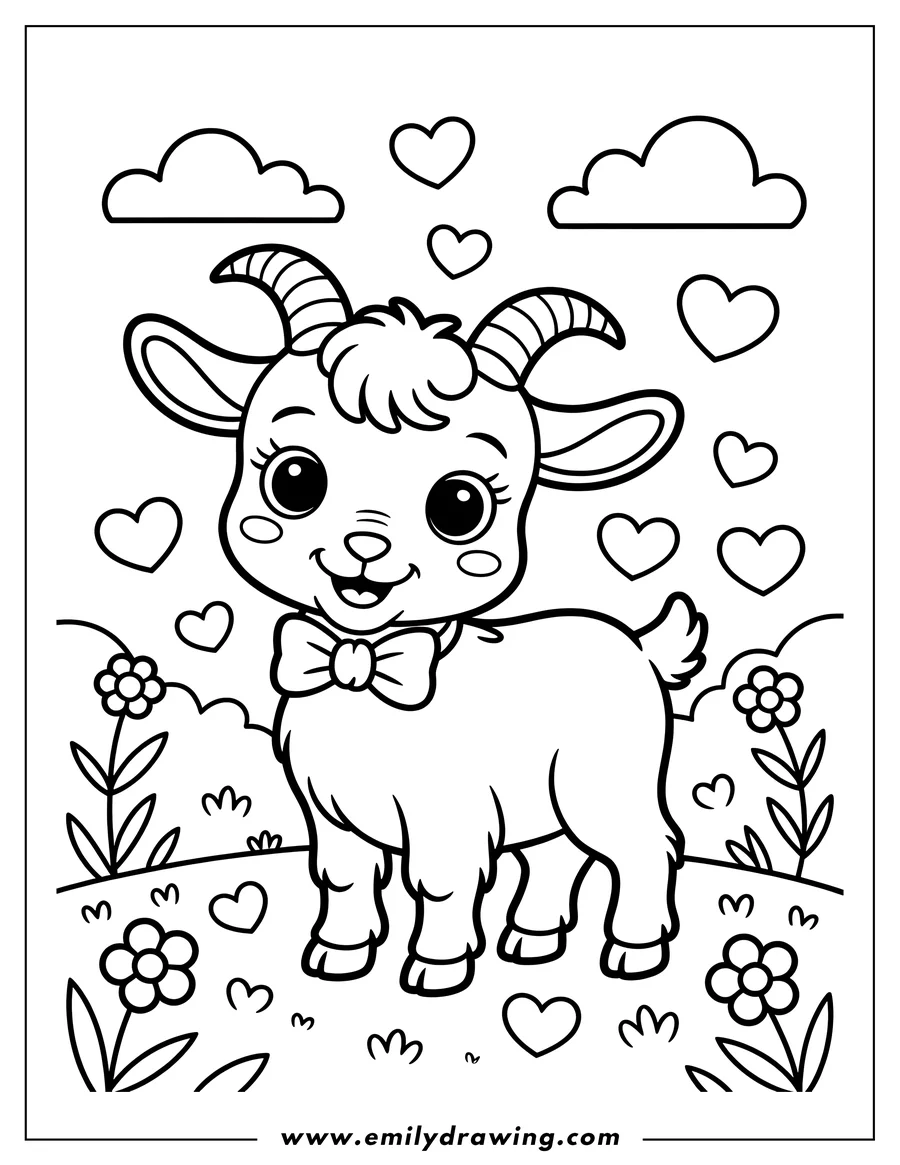Outline of a cheerful goat wearing a bow tie, standing in a field with flowers, clouds, and hearts.