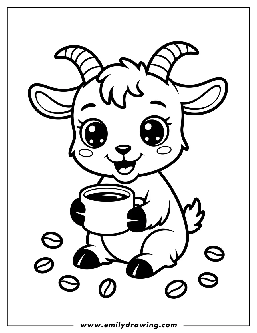 Outline of a young goat sitting and holding a mug of coffee, with coffee beans scattered around it.