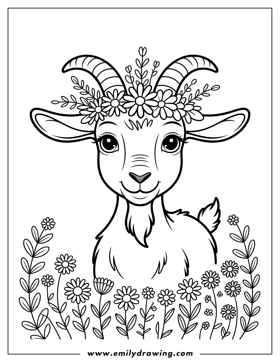 Outline of a goat wearing a crown of flowers, surrounded by more flowers.