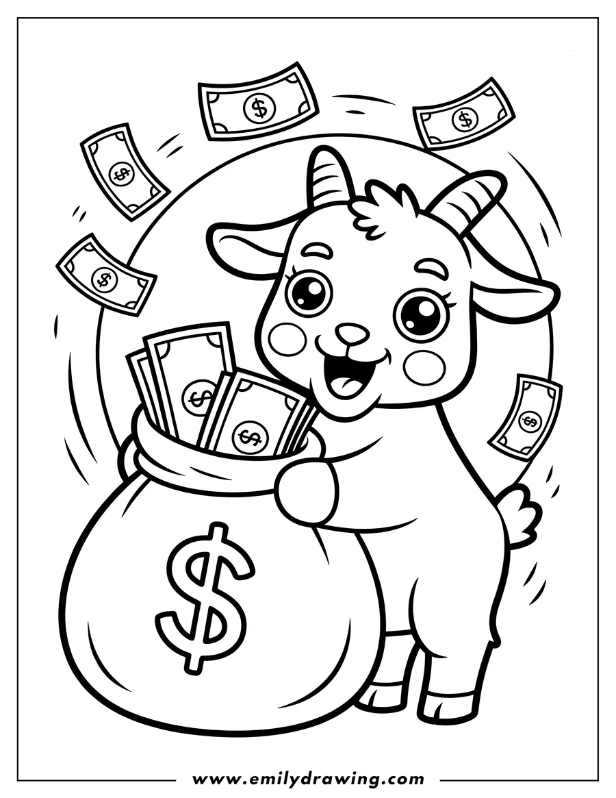 Outline of a cheerful goat holding a bag overflowing with dollar bills.