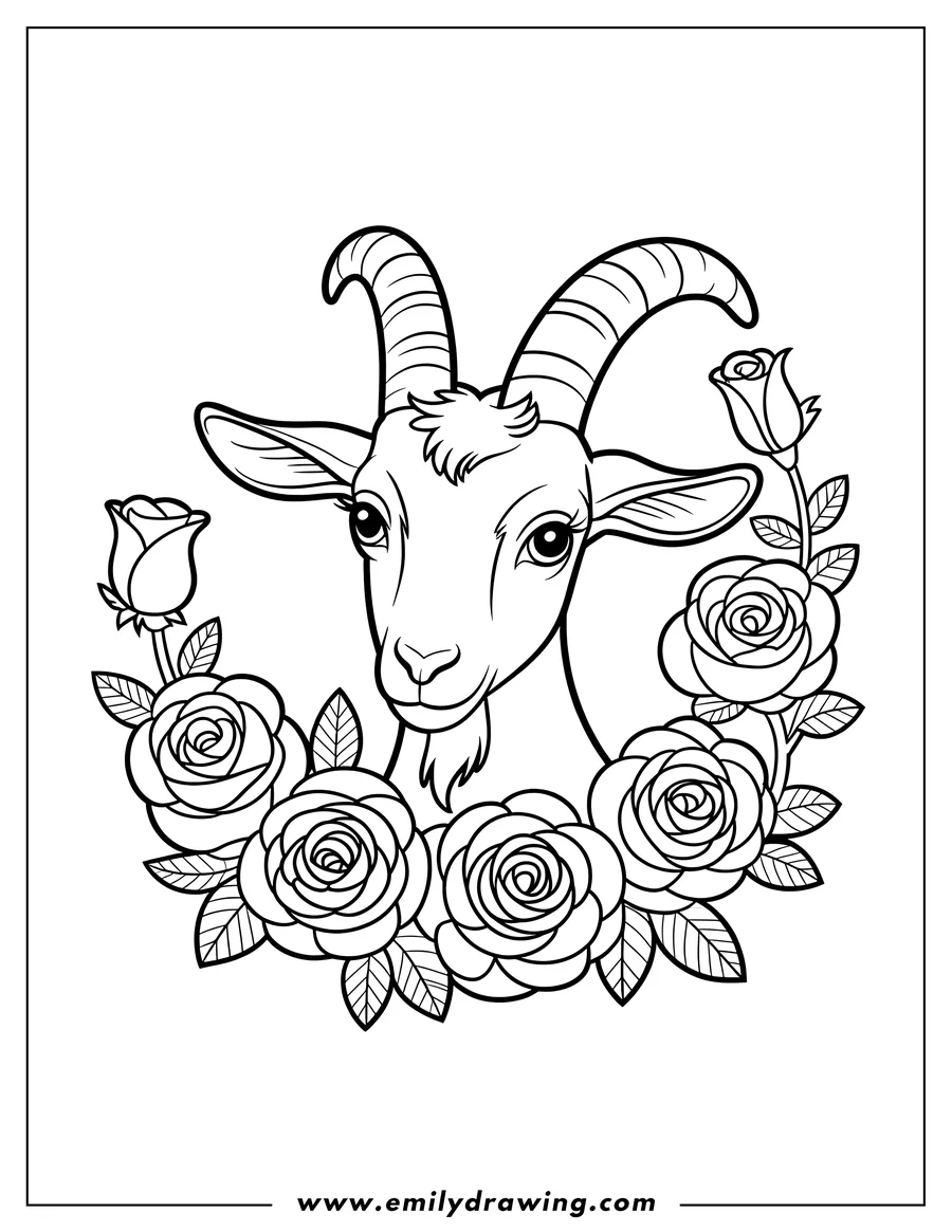 Line art of a goat surrounded by a half-circle wreath of roses.