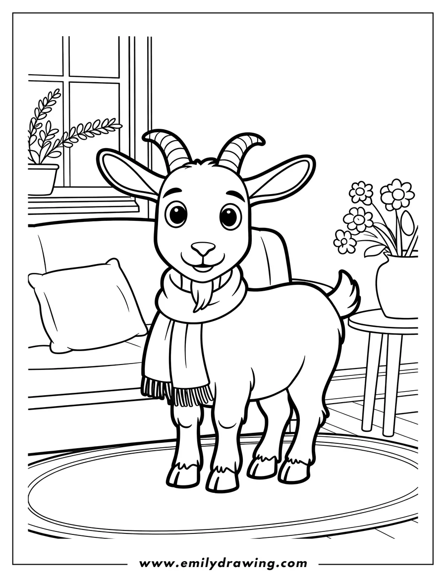 Outline of a goat wearing a scarf, standing on a rug in a cozy room with a window, potted plant, sofa, and a small table with flowers.